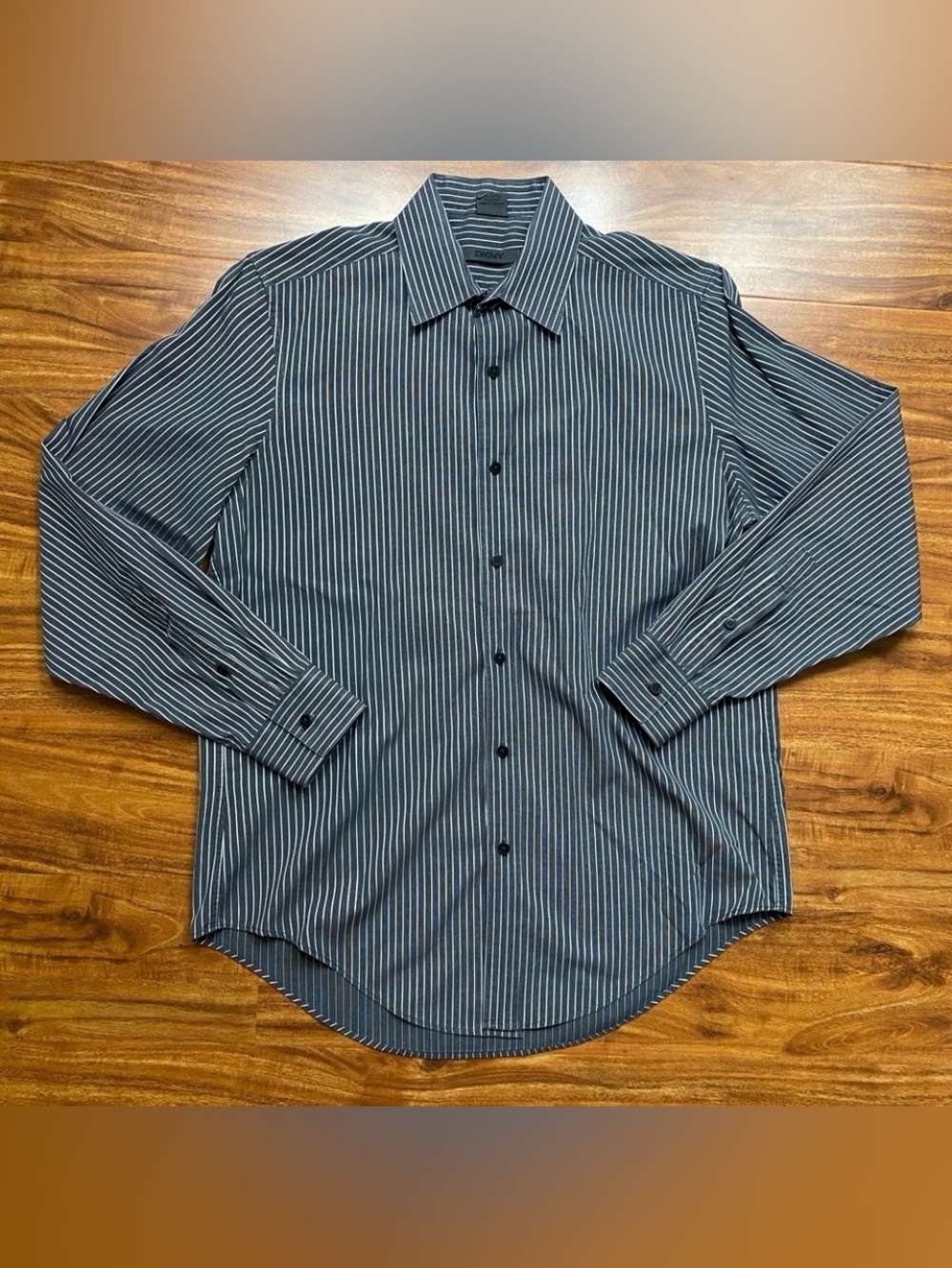 DKNY Mens Dark Gray Stripe Slim Fit Button Down Long Sleeve Shirt Classic Size M